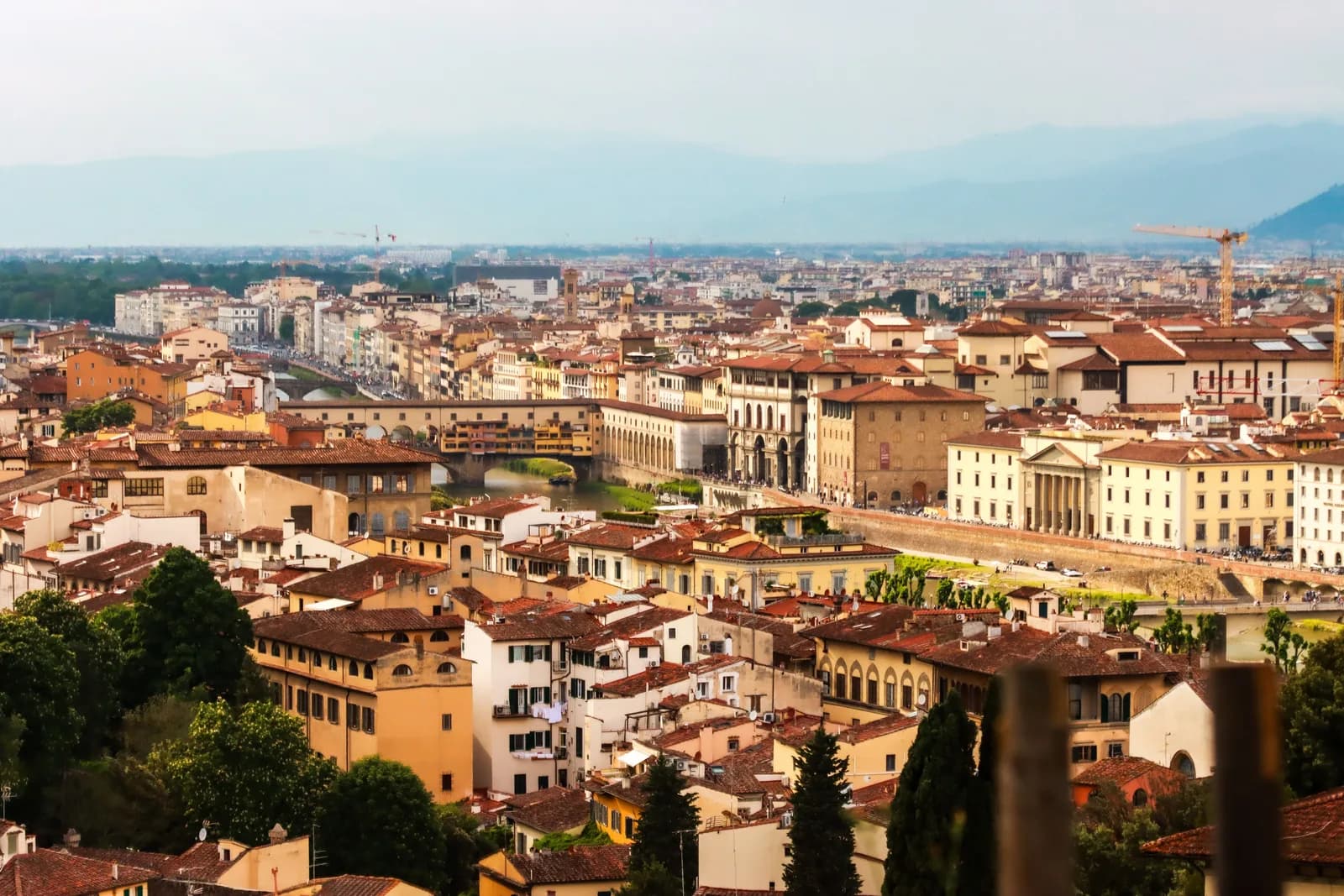 Florence from above in evening light: the Ponte Vecchio over the Arno, terracotta roofs across the city and hills behind it
